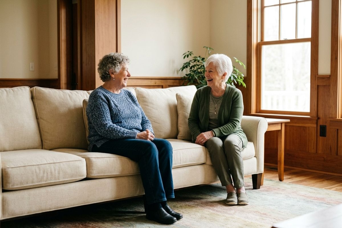 Two older adults sit on a beige sofa in a sunlit living room, laughing as they face each other.