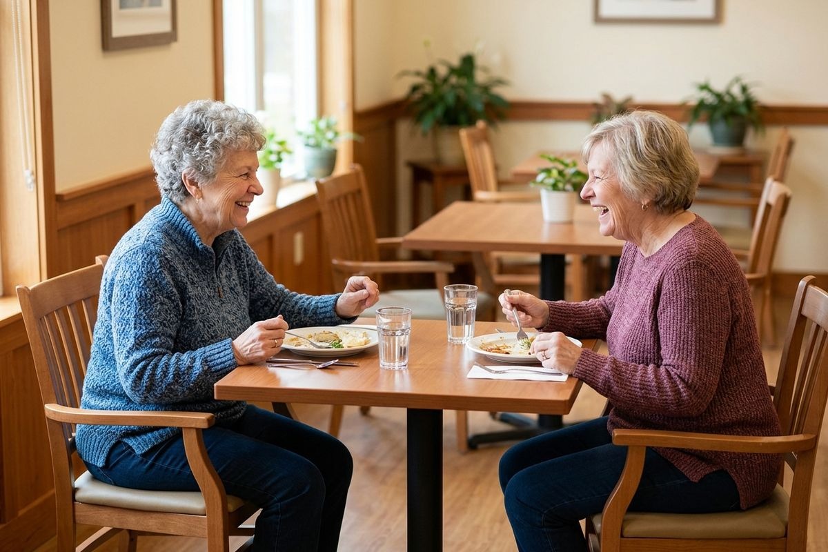 Two older adults sit across a table in a dining room, laughing together over plates of food and glasses of water.