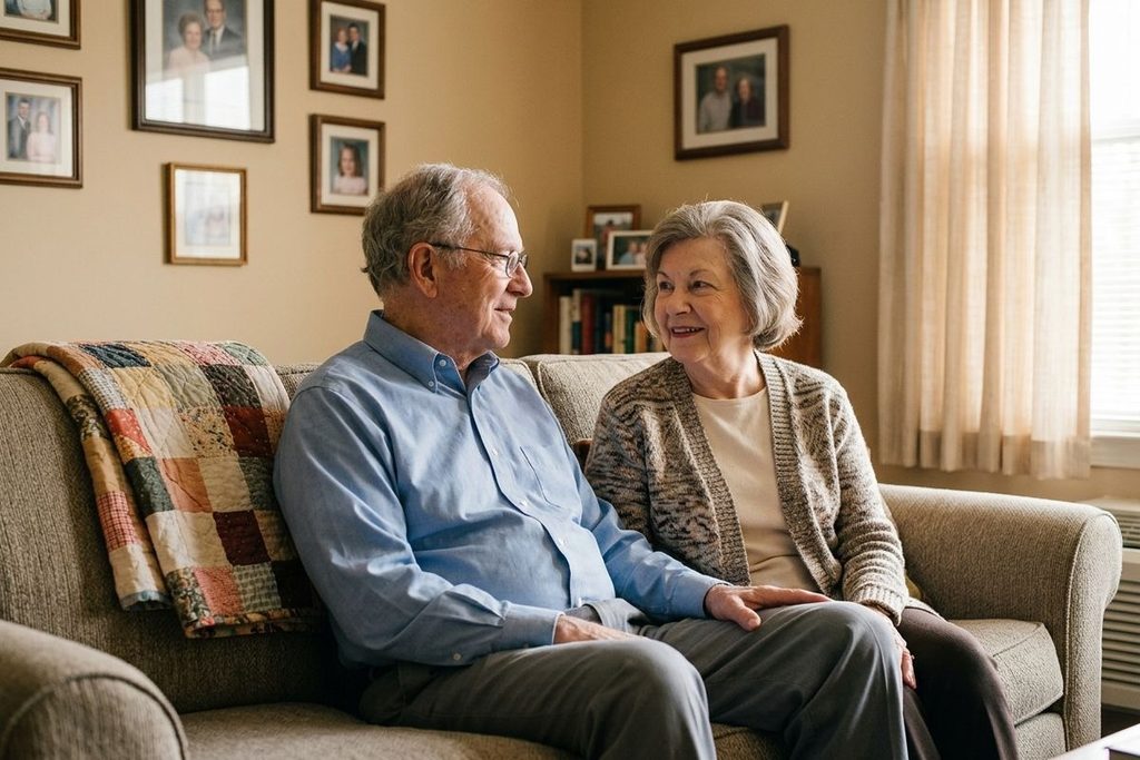 Two older adults sit together on a living room sofa, holding hands and smiling at each other, framed photos on the wall behind them.