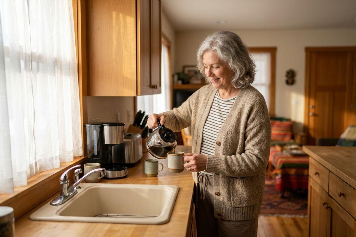 Independent senior woman pouring coffee in her